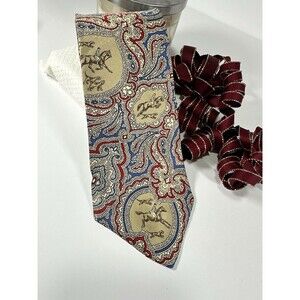 Vintage Beau Geste Silk Tie Fox Hunt Equestrian Scenes Paisley Print Navy Gold